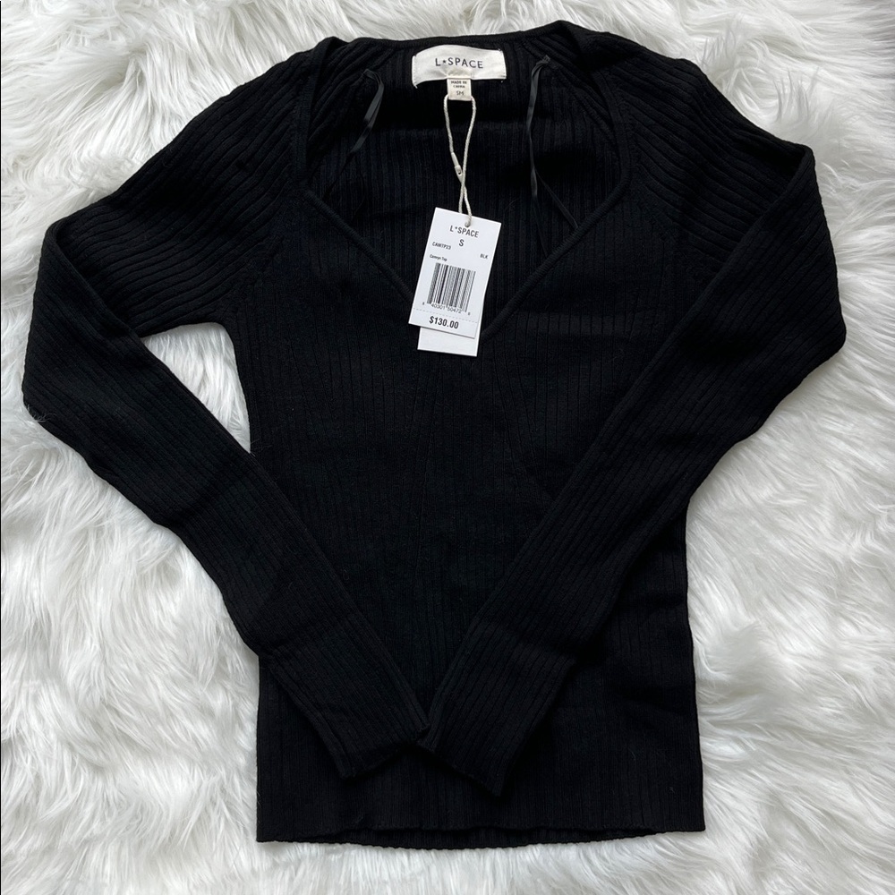 🆕 L*Space Women's Black Ribbed Long Sleeve Scoop Neck Blouse Size S